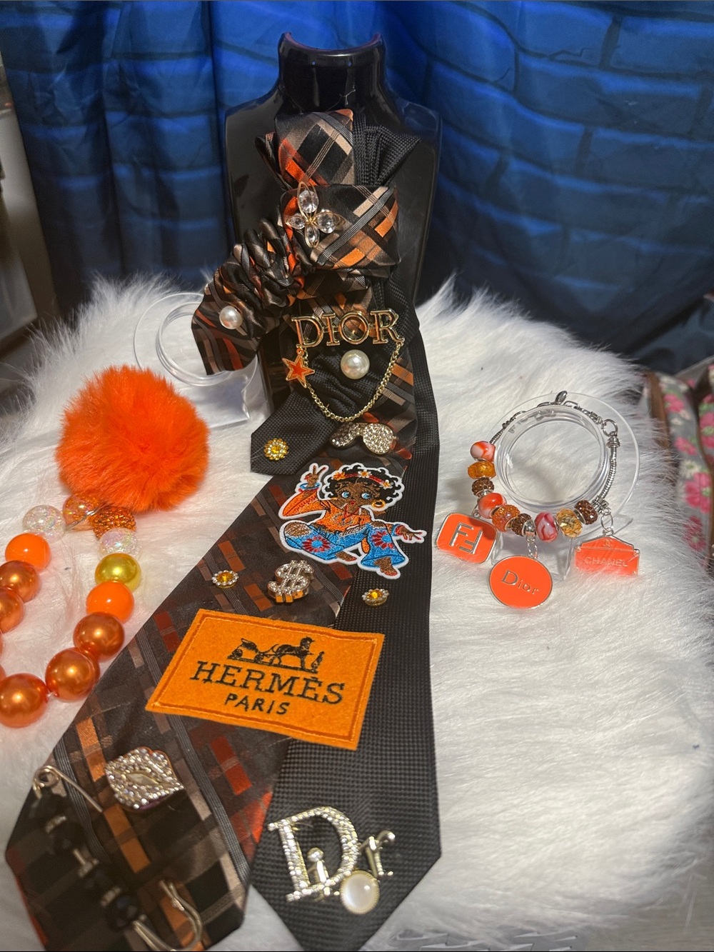 Designer-Inspired Black & Orange Accessory Junk Tie with Brand Charms